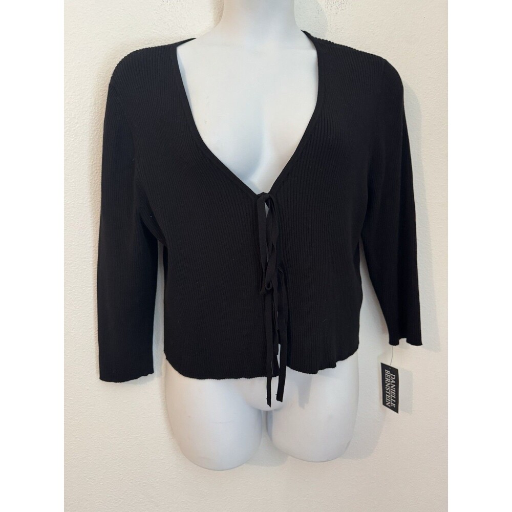 Danielle Bernstein Cardigan Black Ribbed Front Tie Plus Size 2X New Cropped NWT